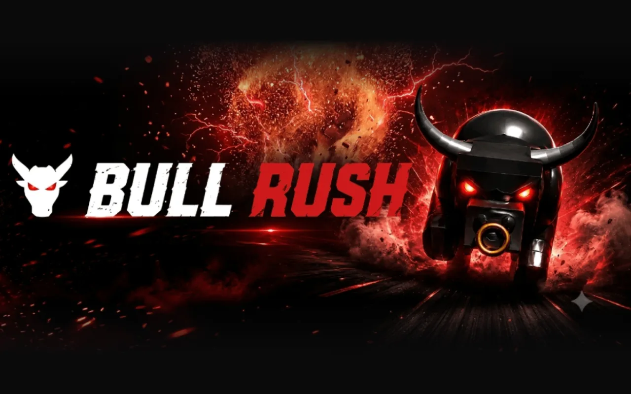 Bull Rush key art: the Black Bull with glowing red eyes charging through fire and sparks beside the Bull Rush logo